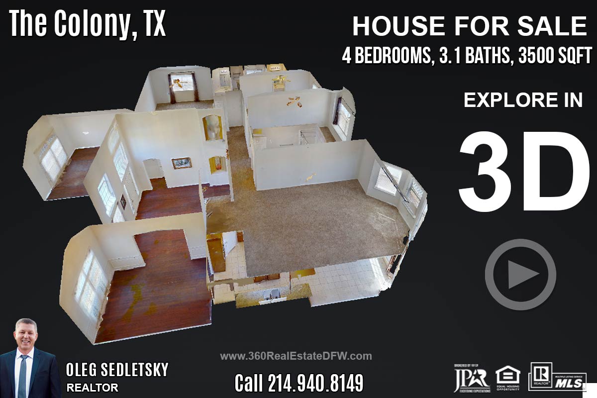 3D Tour - House For Sale 4Bd, 3.1 Ba, 3500 Sqft, in The Colony, TX. Well maintained 2 story home in highly sought after Legend Crest Community! Call Oleg Sedletsky Realtor at 214-940-8149