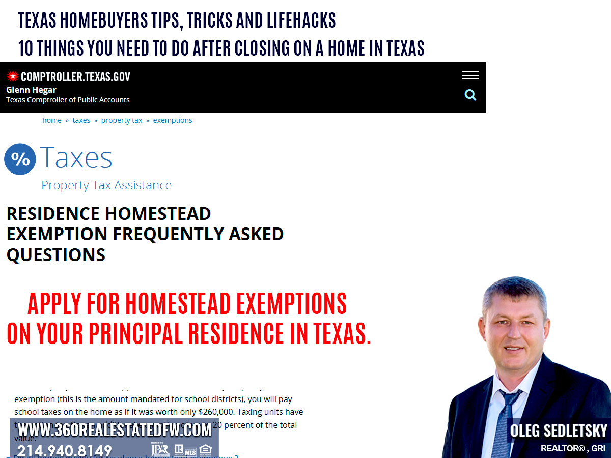 Apply for homestead exemptions on your principal residence in Texas-10 Things You Need to Do After Closing on a Home-Oleg Sedletsky Realtor in Dallas