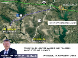 Princeton is approximately 41 miles Northeast of Dallas and 41 miles from DFW International Airport. Princeton TX Relocation Guide.