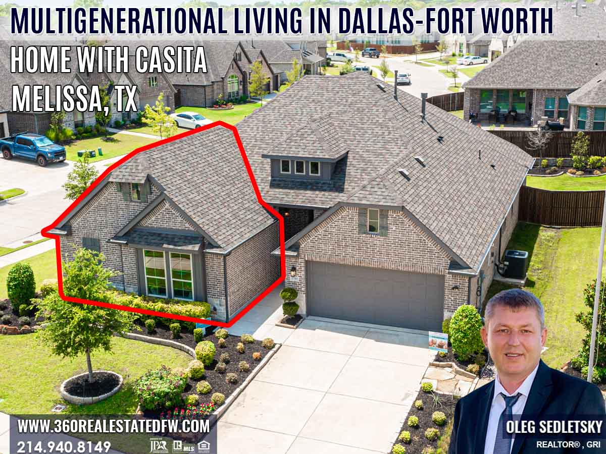 Multi-generational homes in Dallas also known as homes with Casitas. Such homes include an extra compartment with a living area, bedroom, bathroom, kitchenette, and separate entrance. Oleg Sedletsky Realtor