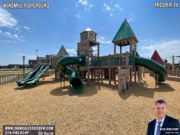 Windmill Playground in Prosper Texas features numerous play structures and splashpad.