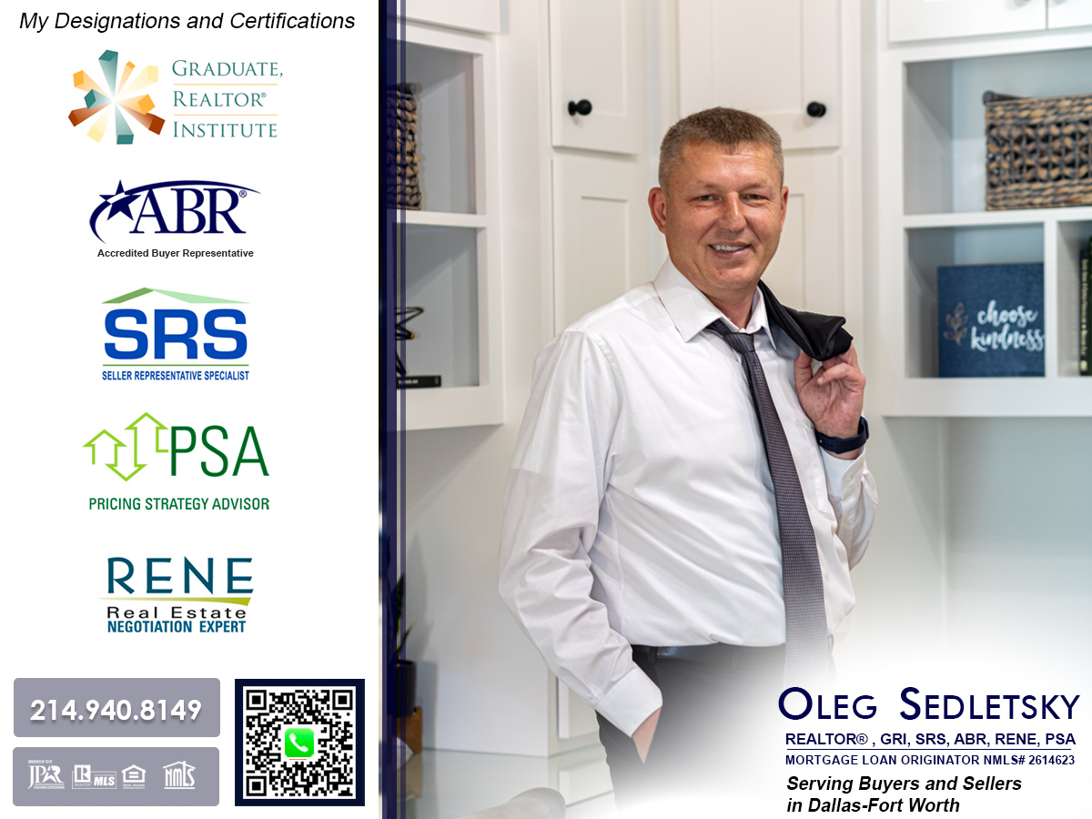 Oleg Sedletsky, a distinguished Realtor in Dallas-Fort Worth, holds numerous real estate designations and certifications (including ABR), showcasing his commitment to excellence and expertise in the field.