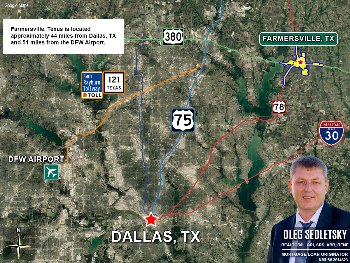 Farmersville, TX is located approximately 44 miles from Dallas, TX and 51 miles from the DFW Airport.