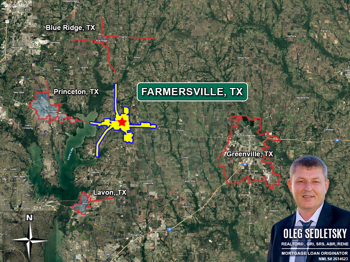 Farmersville, Texas is bordered by Blue Ridge, TX, Princeton, TX, Lavon, TX, GreenVille, TX