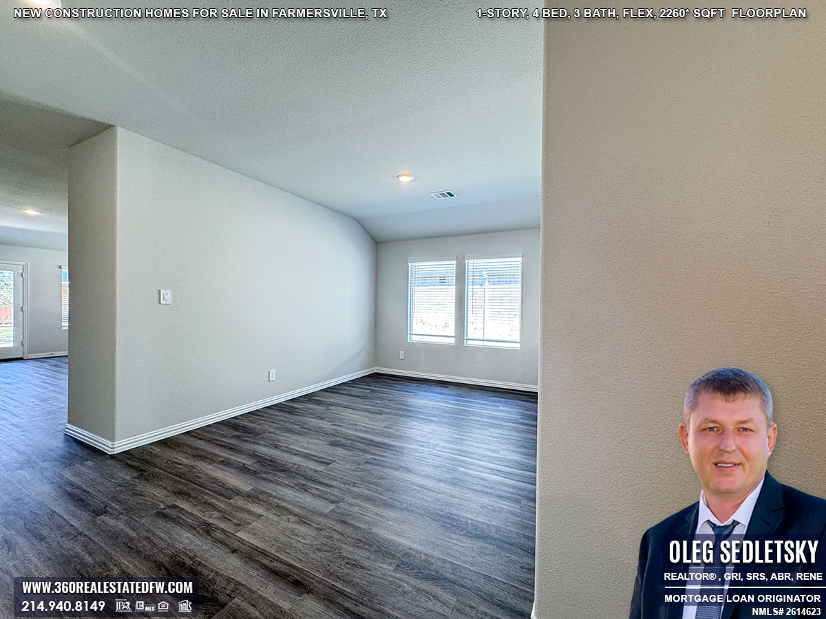 Exceptional new construction homes for sale in Farmersville, Texas. 1-Story, 4 Bed, 3 Bath, Flex, 2260 sqft, Covered Patio, 2 Car Garage