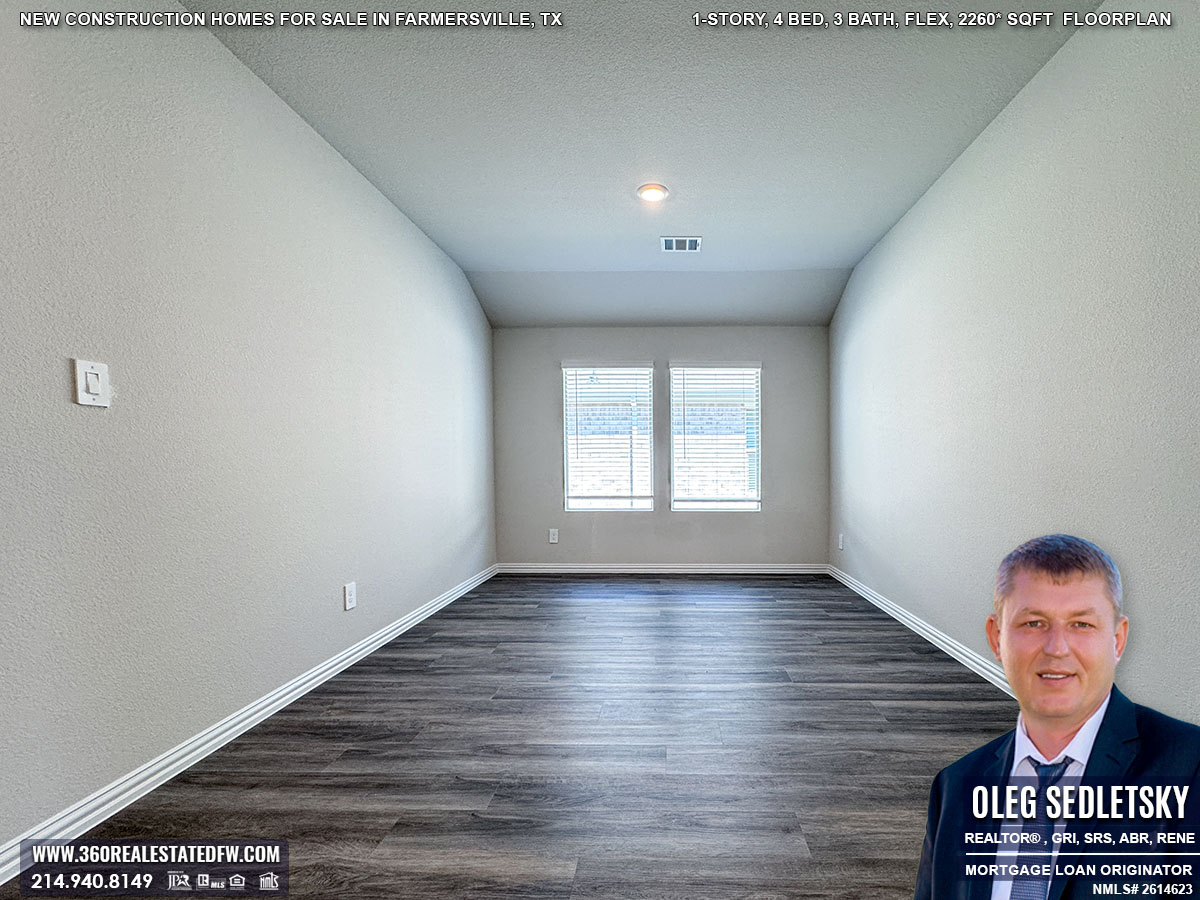 Exceptional new construction homes for sale in Farmersville, Texas. 1-Story, 4 Bed, 3 Bath, Flex, 2260 sqft, Covered Patio, 2 Car Garage