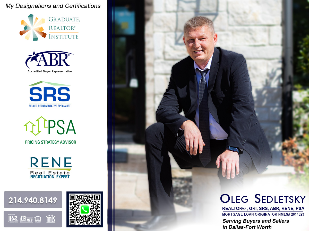 Oleg Sedletsky, a distinguished Realtor in Dallas-Fort Worth, holds numerous real estate designations and certifications (including ABR), showcasing his commitment to excellence and expertise in the field.
