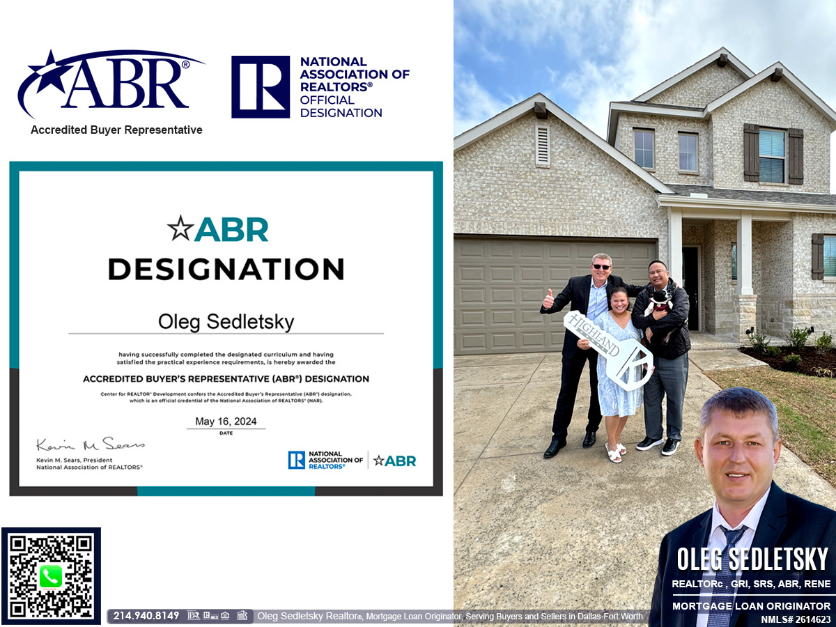 Oleg Sedletsky, a distinguished Realtor in Dallas-Fort Worth, holds numerous real estate designations and certifications (including ABR), showcasing his commitment to excellence and expertise in the field.