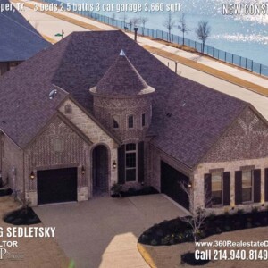 New Construction Home in Prosper, TX. Aerial Photos. Contact Oleg Sedletsky REALTOR - 214.940.8149 - www.360RealEstateDFW.com - JP & Associates Realtors 3 Beds, 2.5 Baths, 3 Car Garage, 2660 sqft Note! Information provided is deemed reliable, but is not guaranteed and should be independently verified. Price and Home Availability is subject to change without notice. Square footages are approximate.