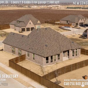 New Construction Home in Prosper, TX. Aerial Photos. Contact Oleg Sedletsky REALTOR - 214.940.8149 - www.360RealEstateDFW.com - JP & Associates Realtors 3 Beds, 2.5 Baths, 3 Car Garage, 2660 sqft Note! Information provided is deemed reliable, but is not guaranteed and should be independently verified. Price and Home Availability is subject to change without notice. Square footages are approximate.