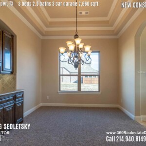 New Construction Home in Prosper, TX. Contact Oleg Sedletsky REALTOR - 214.940.8149 - www.360RealEstateDFW.com - JP & Associates Realtors 3 Beds, 2.5 Baths, 3 Car Garage, 2660 sqft Note! Information provided is deemed reliable, but is not guaranteed and should be independently verified. Price and Home Availability is subject to change without notice. Square footages are approximate.