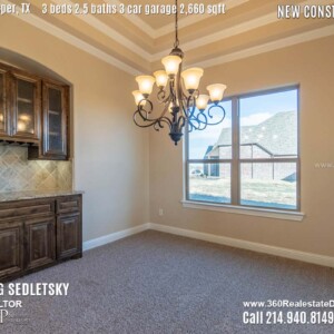 New Construction Home in Prosper, TX. Contact Oleg Sedletsky REALTOR - 214.940.8149 - www.360RealEstateDFW.com - JP & Associates Realtors 3 Beds, 2.5 Baths, 3 Car Garage, 2660 sqft Note! Information provided is deemed reliable, but is not guaranteed and should be independently verified. Price and Home Availability is subject to change without notice. Square footages are approximate.