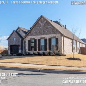New Construction Home in Prosper, TX. Contact Oleg Sedletsky REALTOR - 214.940.8149 - www.360RealEstateDFW.com - JP & Associates Realtors 3 Beds, 2.5 Baths, 3 Car Garage, 2660 sqft Note! Information provided is deemed reliable, but is not guaranteed and should be independently verified. Price and Home Availability is subject to change without notice. Square footages are approximate.