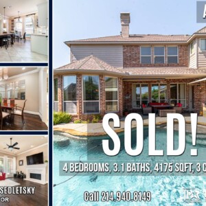 SOLD! 4Bd, 3.1 Ba, 4188 Sqft, in Allen, TX with Allen ISD. Well maintained 2 story home in highly sought after Twin Creeks! Call Oleg Sedletsky Realtor at 214-940-8149